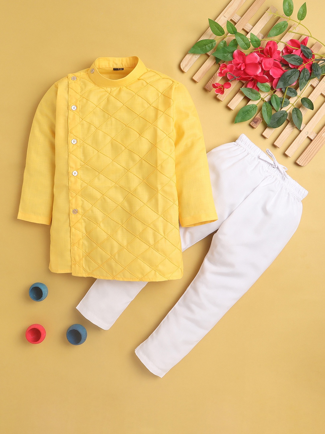 

Jeetethnics Boys Mandarin Collar Cotton & Silk Kurta with Pyjamas, Yellow