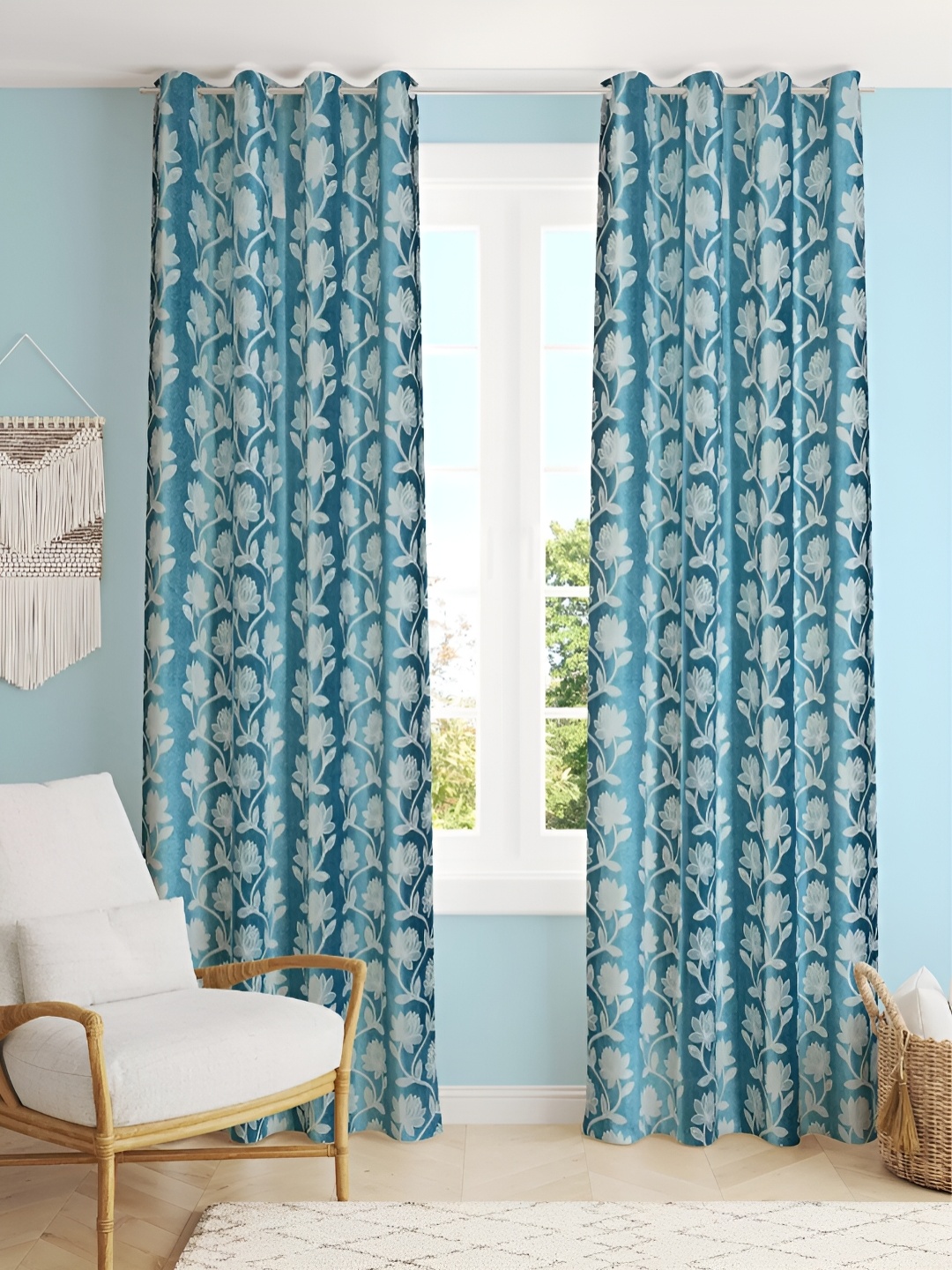 

stuffique Teal & White 2 Pieces Floral Door Curtains