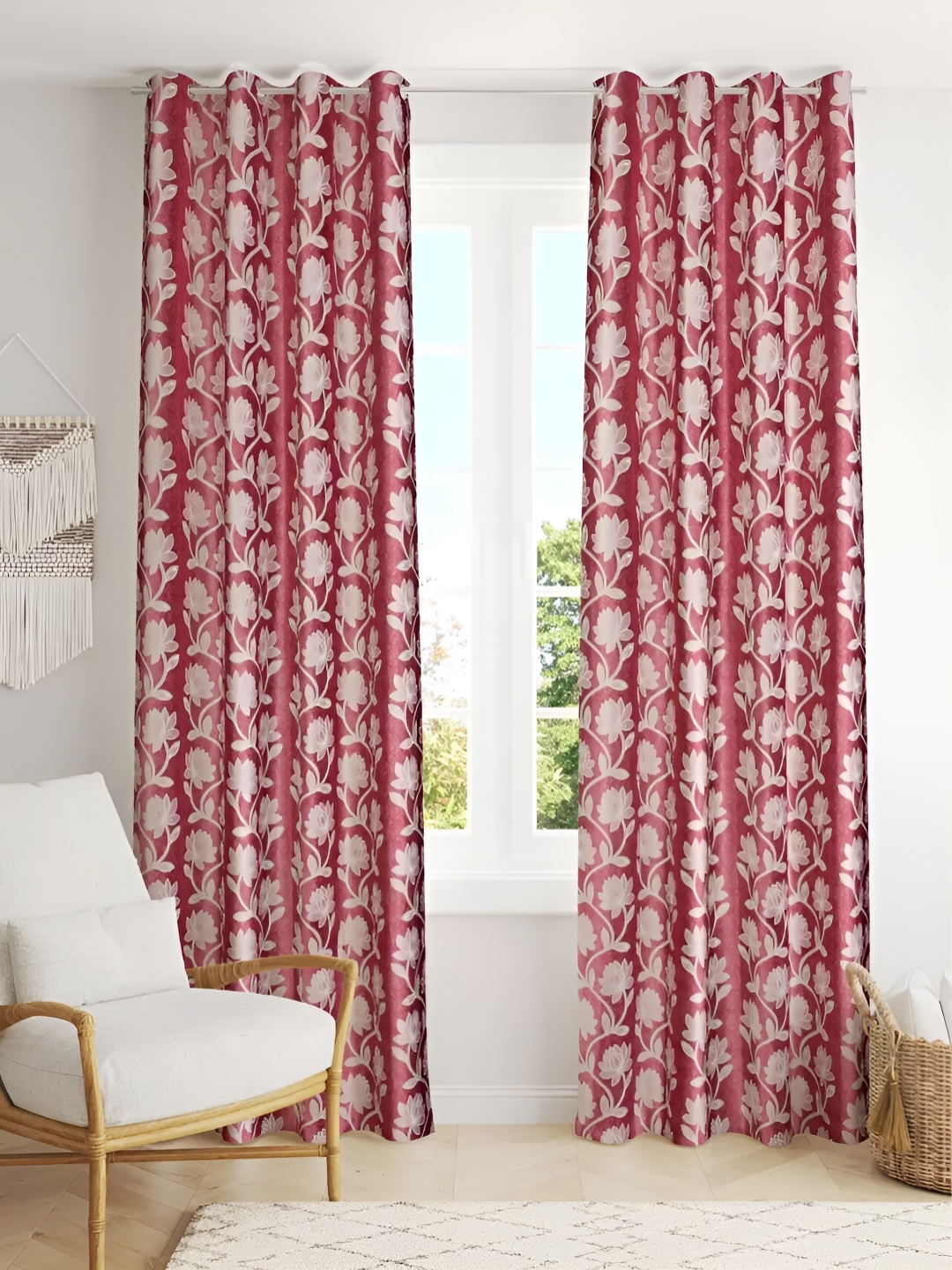 stuffique Maroon & White 2 Pieces Floral Door Curtains