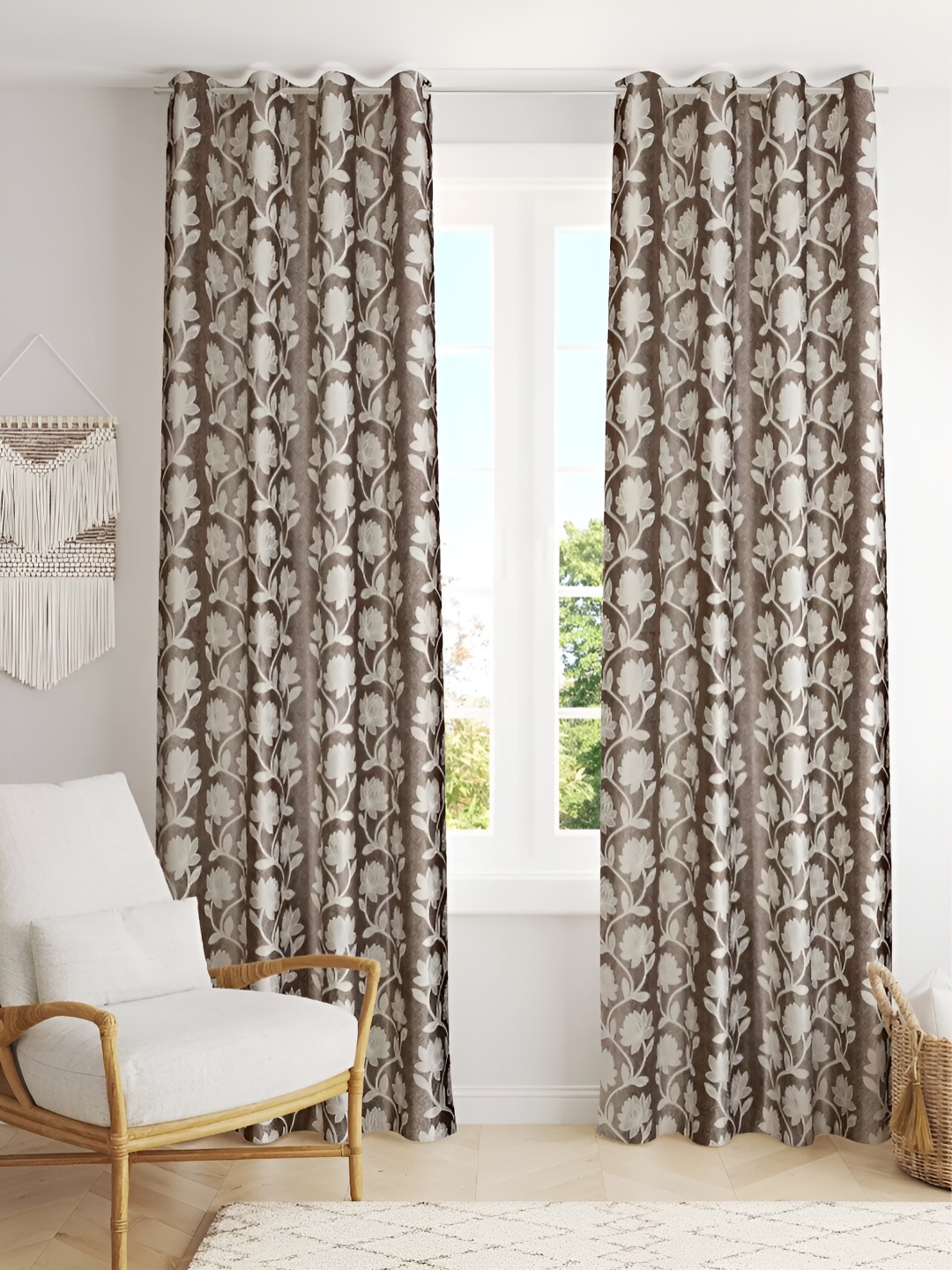 

stuffique Brown & White 2 Pieces Floral Door Curtains