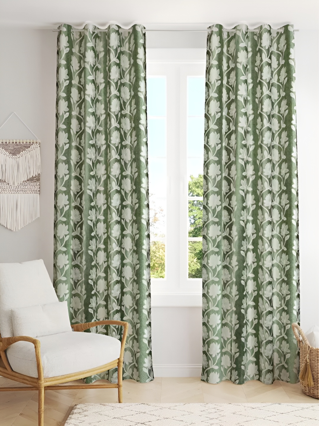 

stuffique Green & White 2 Pieces Floral Door Curtains