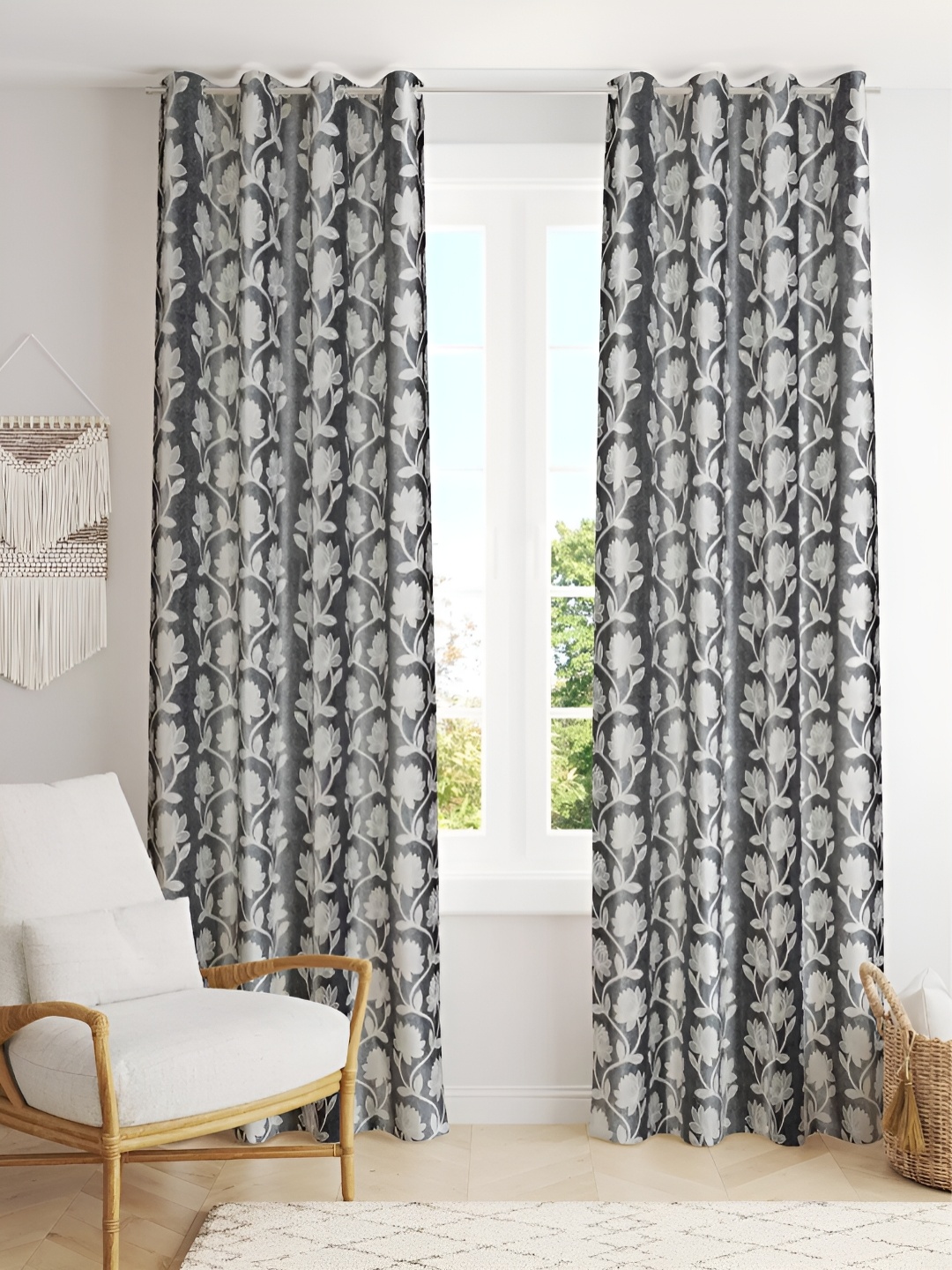 

stuffique Grey & Silver-Toned 2 Pieces Floral Door Curtains
