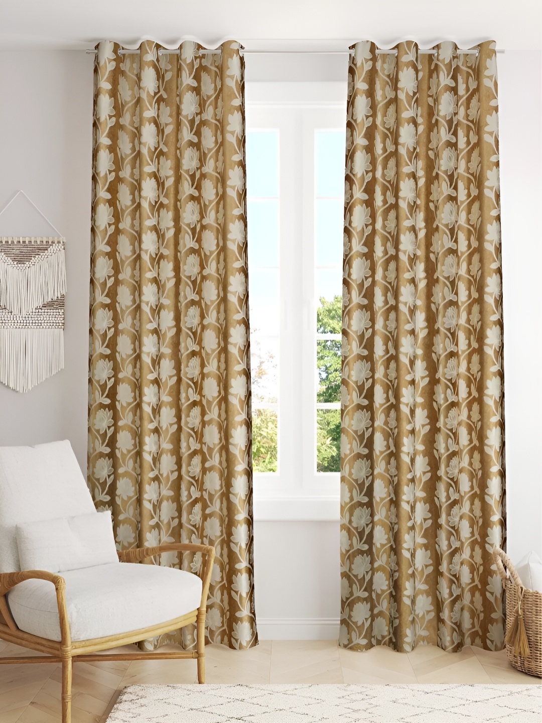 

stuffique Gold-Toned & Beige 2 Pieces Floral Door Curtains
