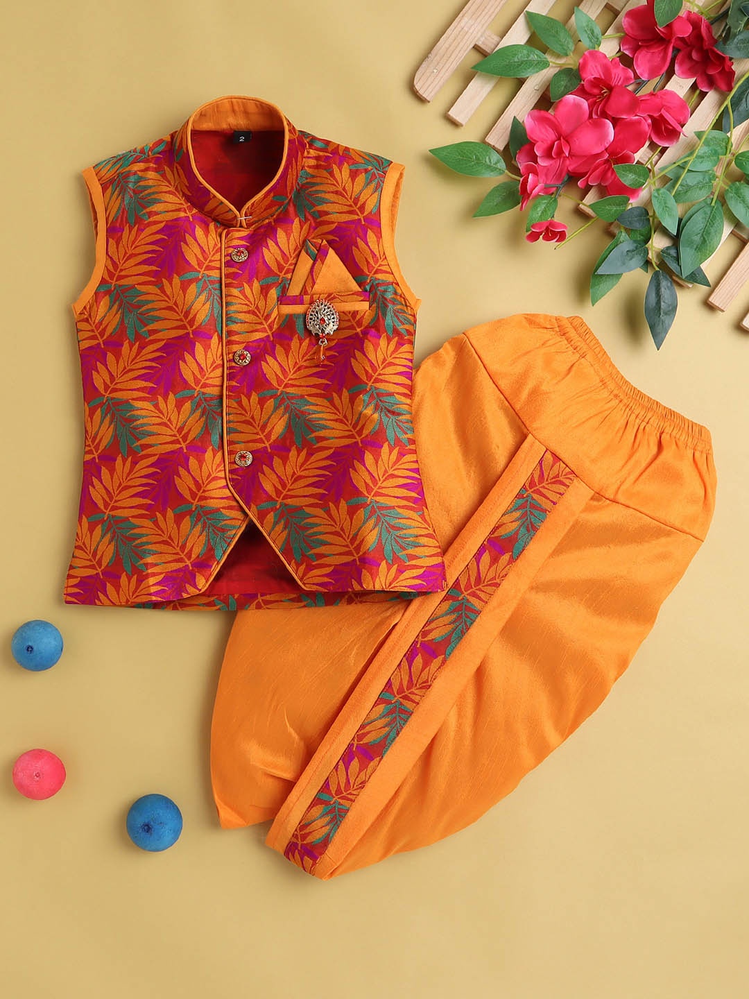 

Jeetethnics Boys Floral Woven Designed Regular Kurta With Dhoti Pants, Orange
