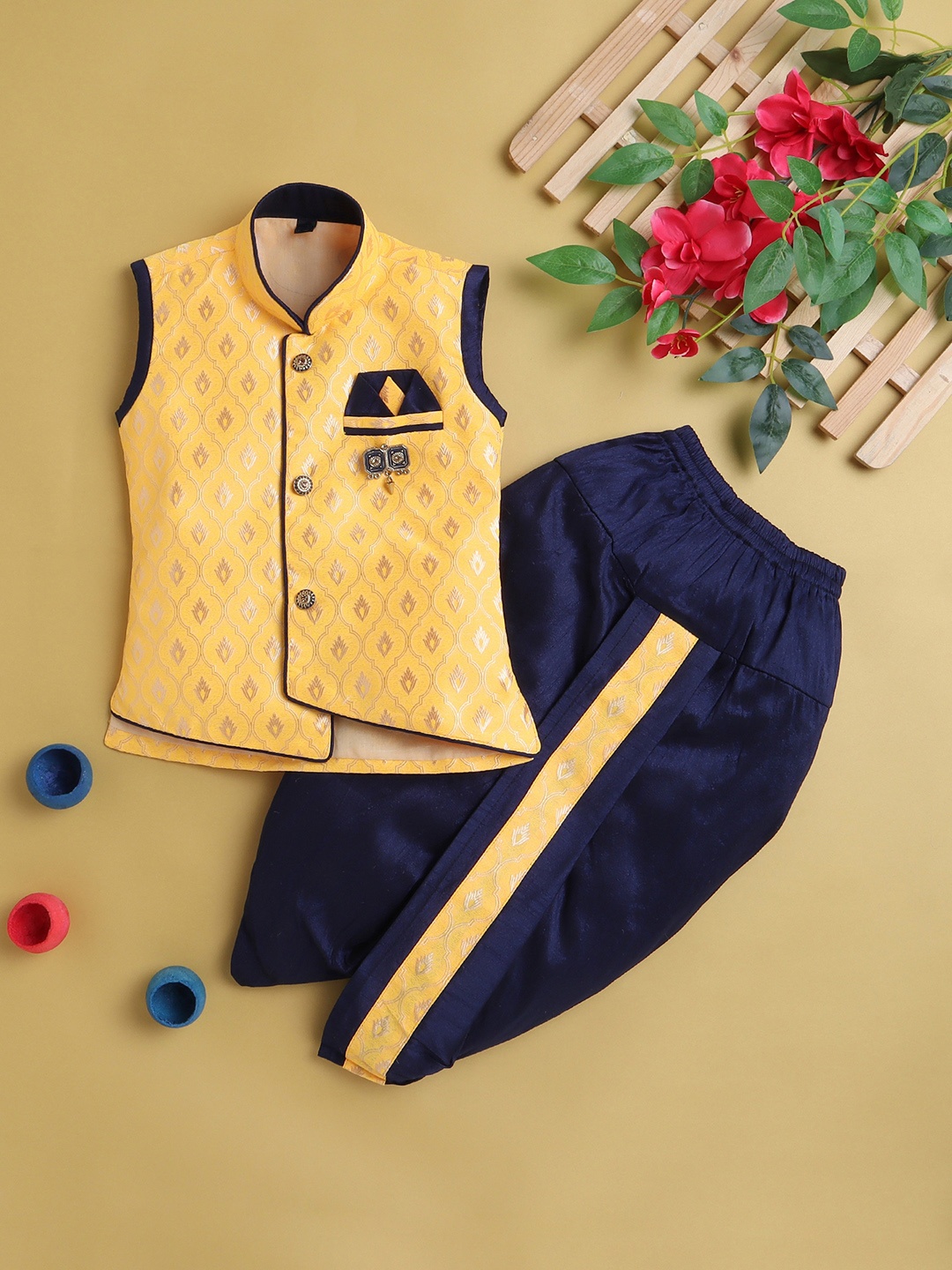 

Jeetethnics Boys Woven Design Regular Kurta With Dhoti Pants, Yellow