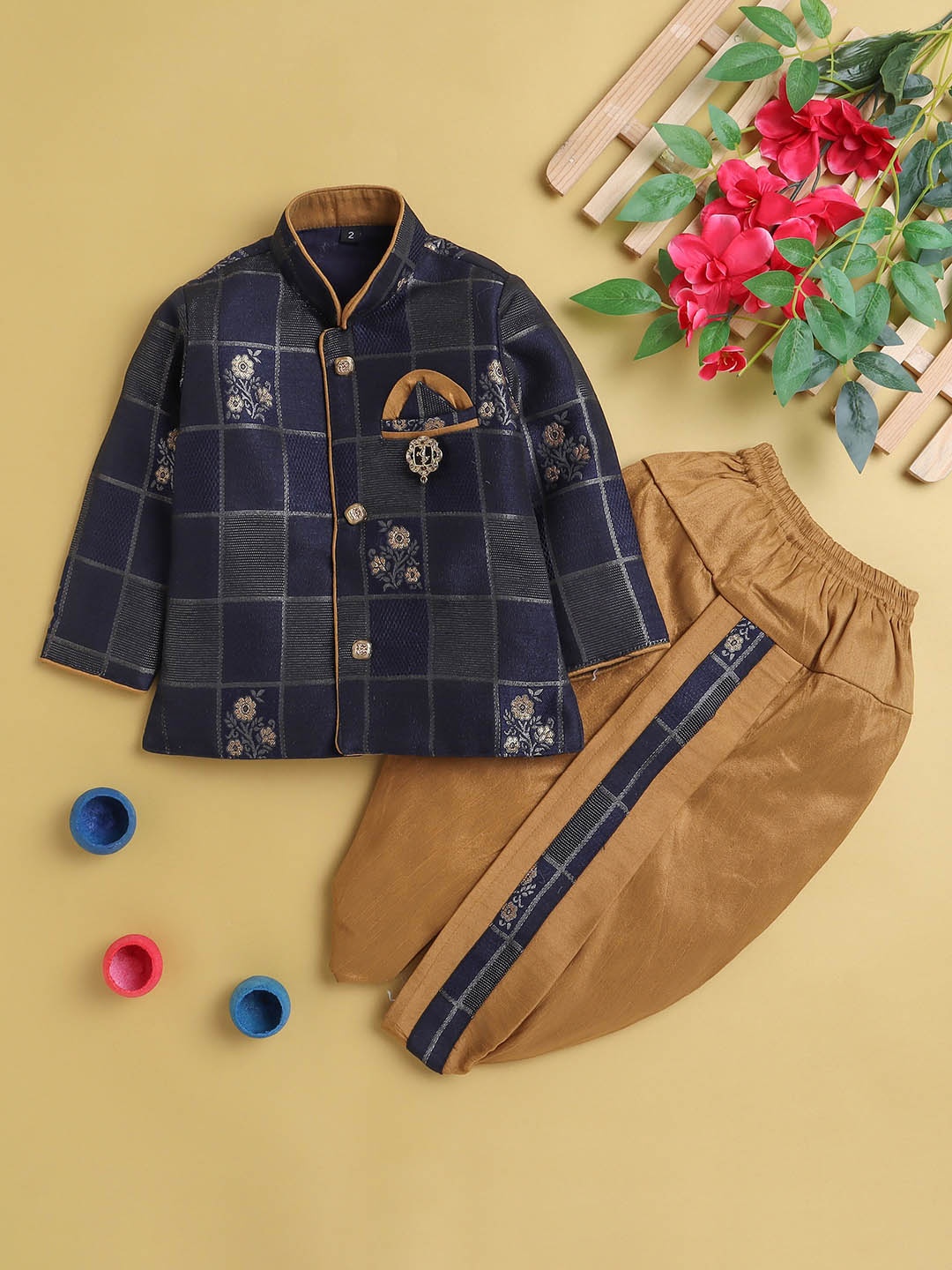 

Jeetethnics Boys Floral Woven Design Kurta With Dhoti Pants, Navy blue