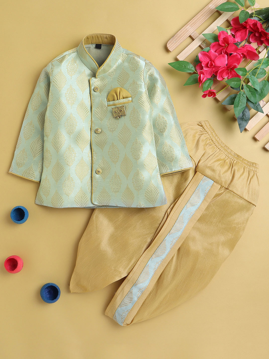 

Jeetethnics Boys Ethnic Motifs Woven Design Silk Cotton Kurta With Dhoti Pants, Sea green