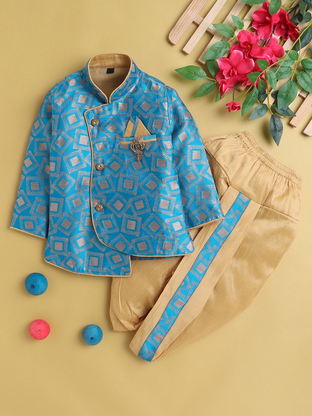 

Jeetethnics Boys Geometric Woven Design Silk Cotton Kurta With Dhoti Pants, Blue