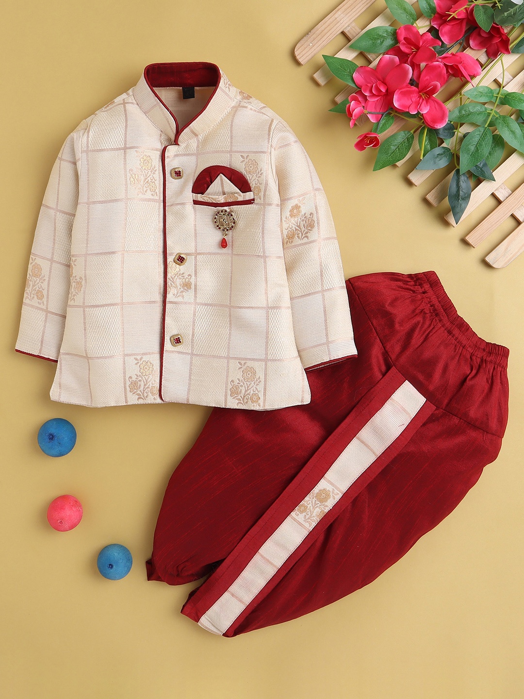 

Jeetethnics Boys Ethnic Motif Woven Design Regular Kurta With Dhoti Pants, Off white