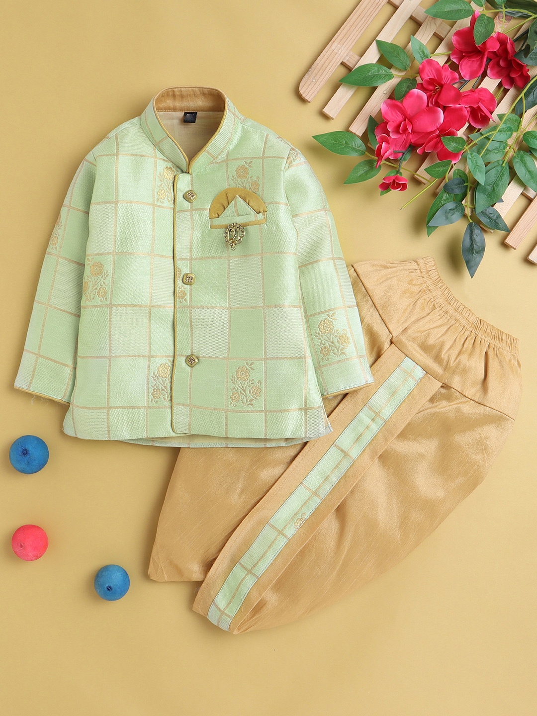 

Jeetethnics Boys Ethnic Motifs Woven Design Sherwani With Dhoti Pants, Sea green