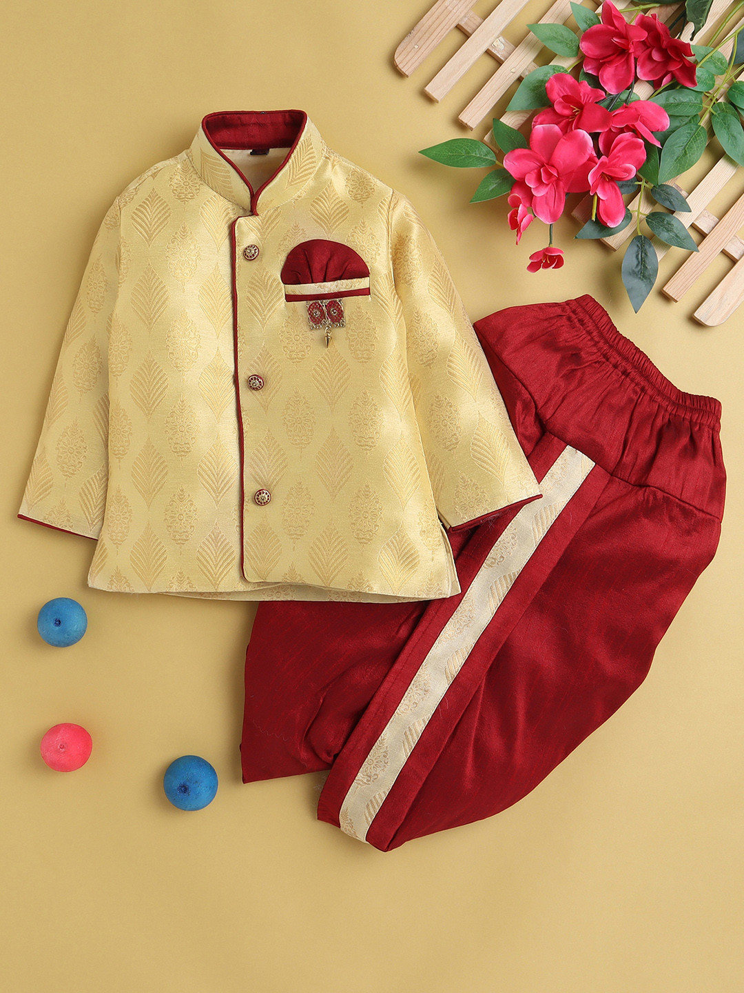 

Jeetethnics Boys Ethnic Motifs Woven Design Silk Cotton Kurta With Dhoti Pants, Cream