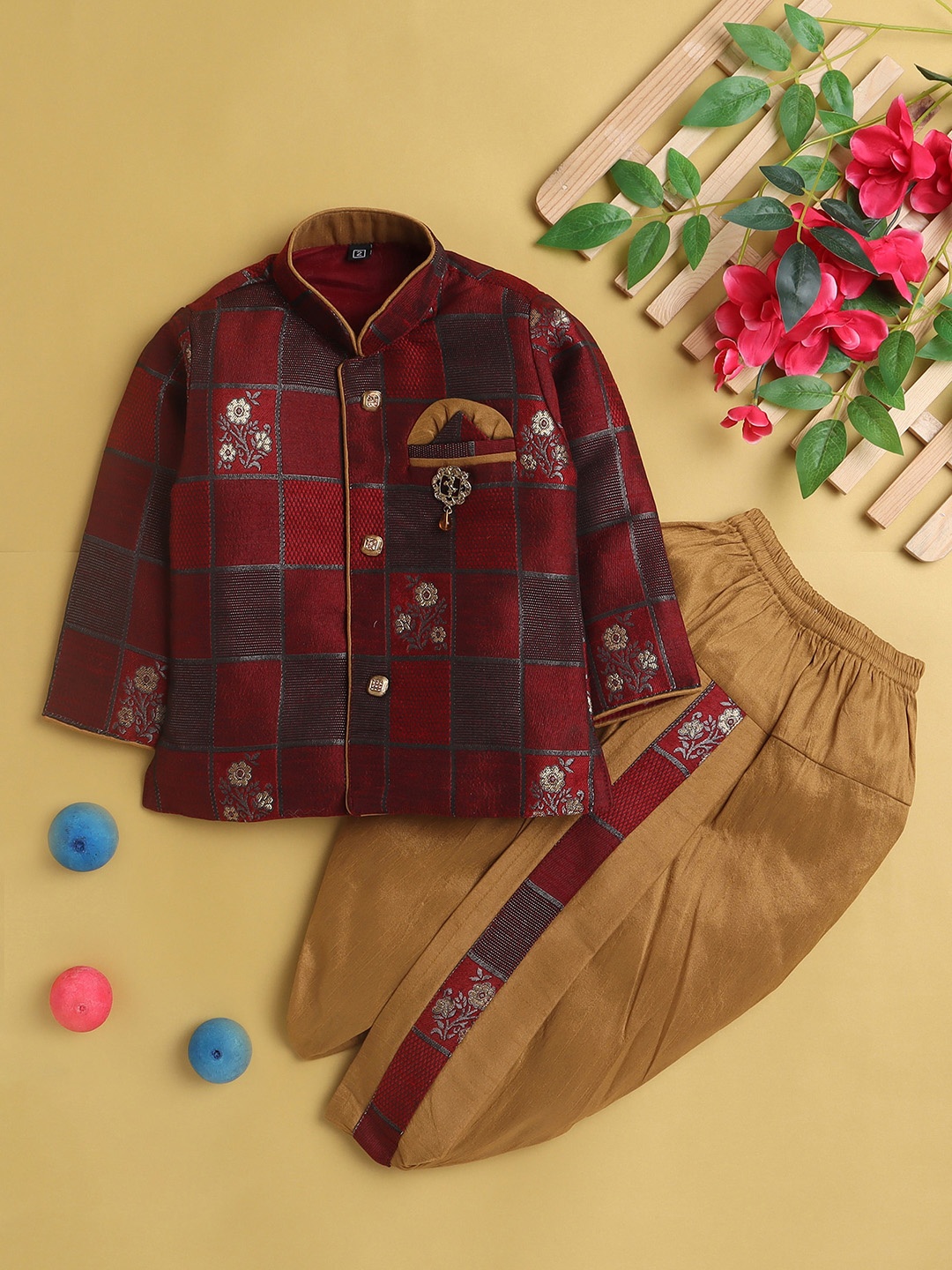 

Jeetethnics Boys Checked Woven Design Silk Cotton Kurta With Dhoti Pants, Maroon