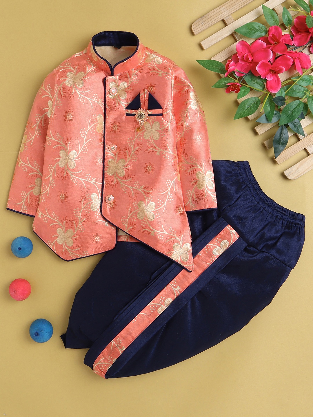 

Jeetethnics Boys Floral Woven Designed Regular Kurta With Dhoti Pants, Peach