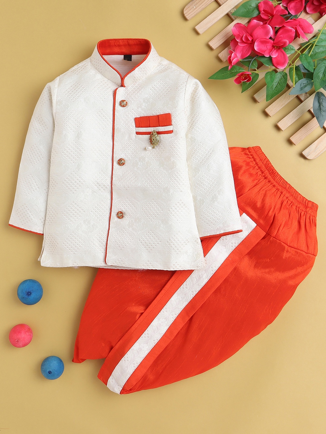 

Jeetethnics Boys Woven Design Regular Kurta With Dhoti Pants, Orange