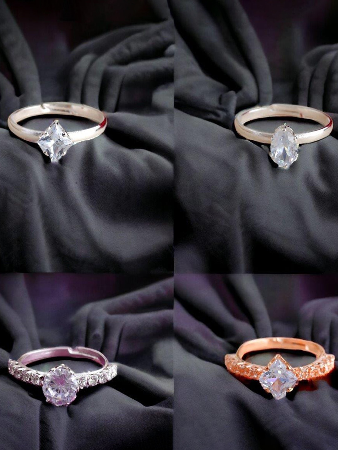

VOJ Set Of 4 Sliver-Plated Stone-Studded Adjustable Finger Ring, Silver