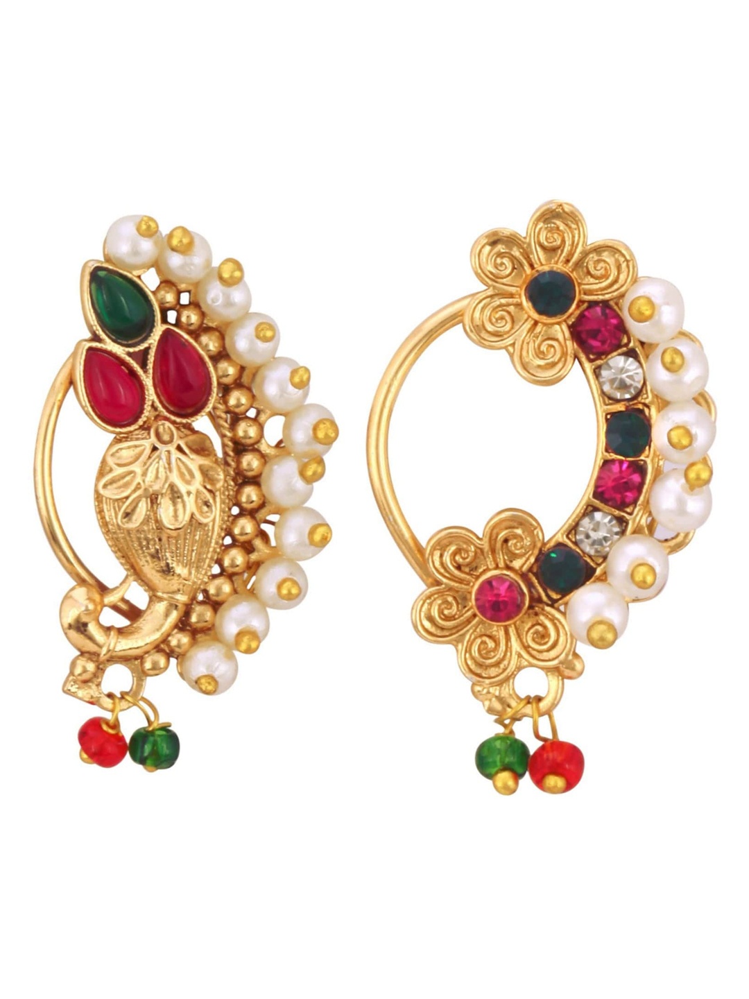 

Vighnaharta Set Of 2 Gold-Plated Stone-Studded & Pearl Beaded Nosepin