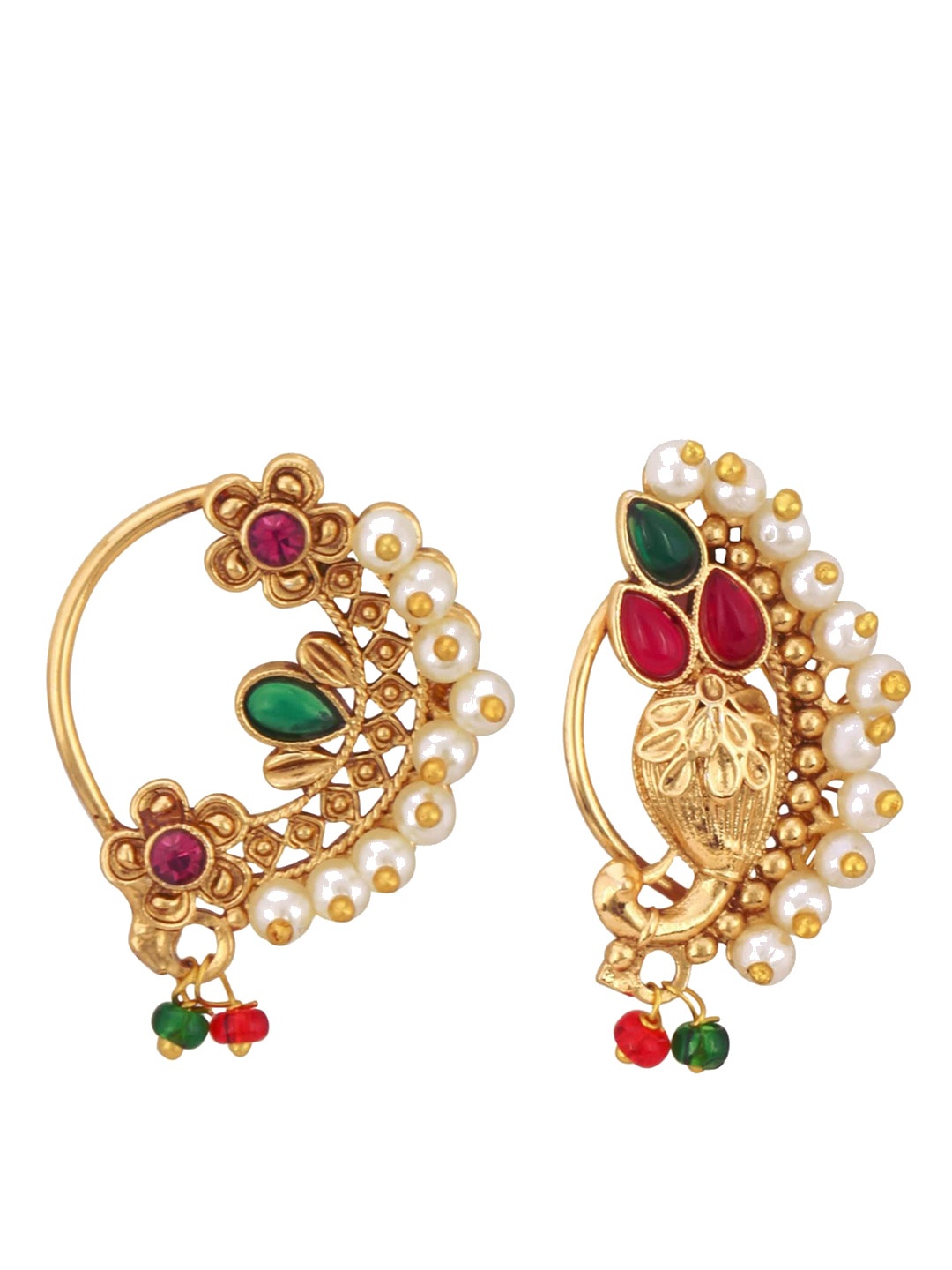 

Vighnaharta Set Of 2 Gold-Plated Stone-Studded & Pearl Beaded Nosepin