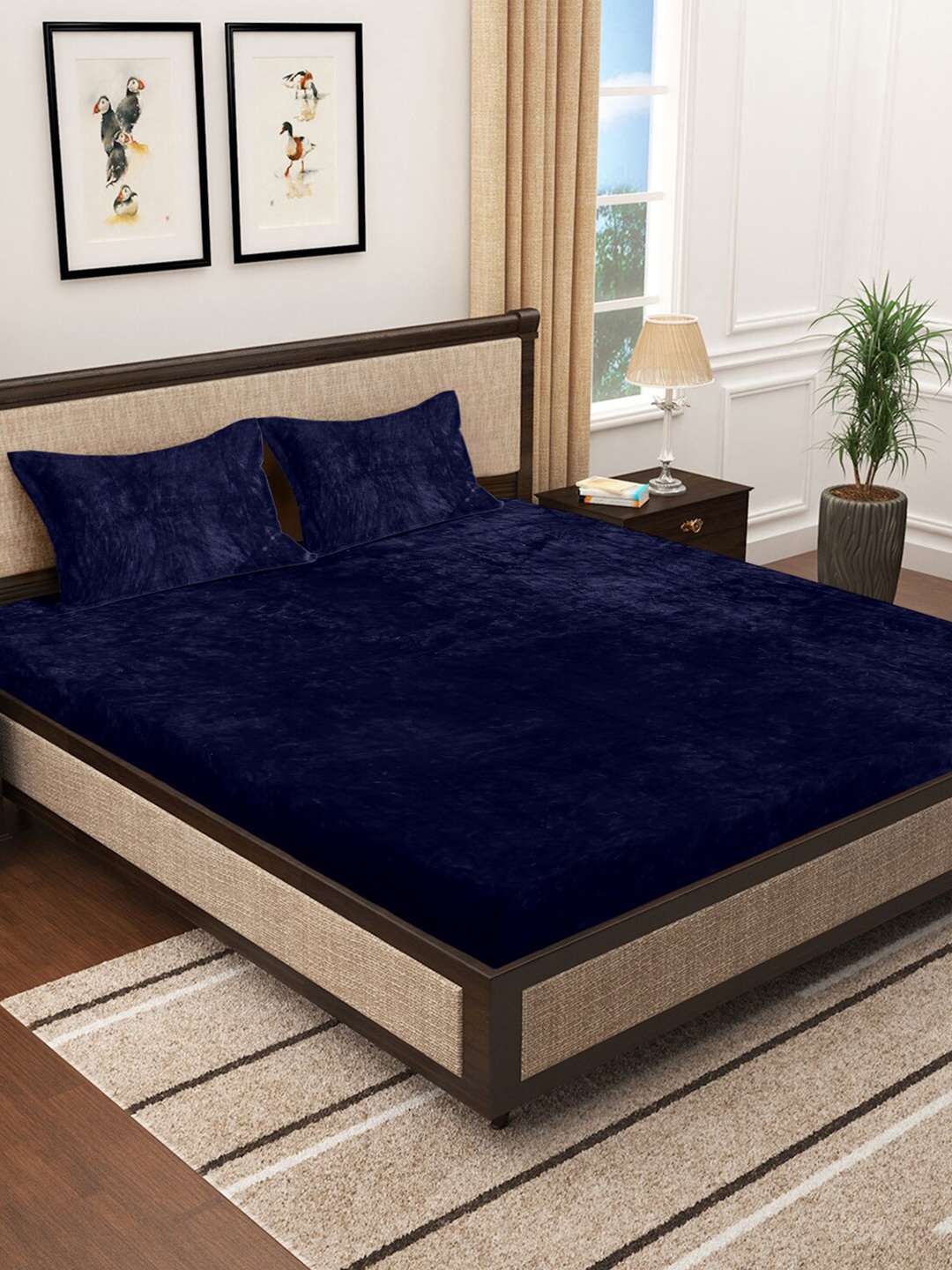 

HOSTA HOMES Navy blue 280 TC Fitted King Bedsheet with 2 Pillow Covers