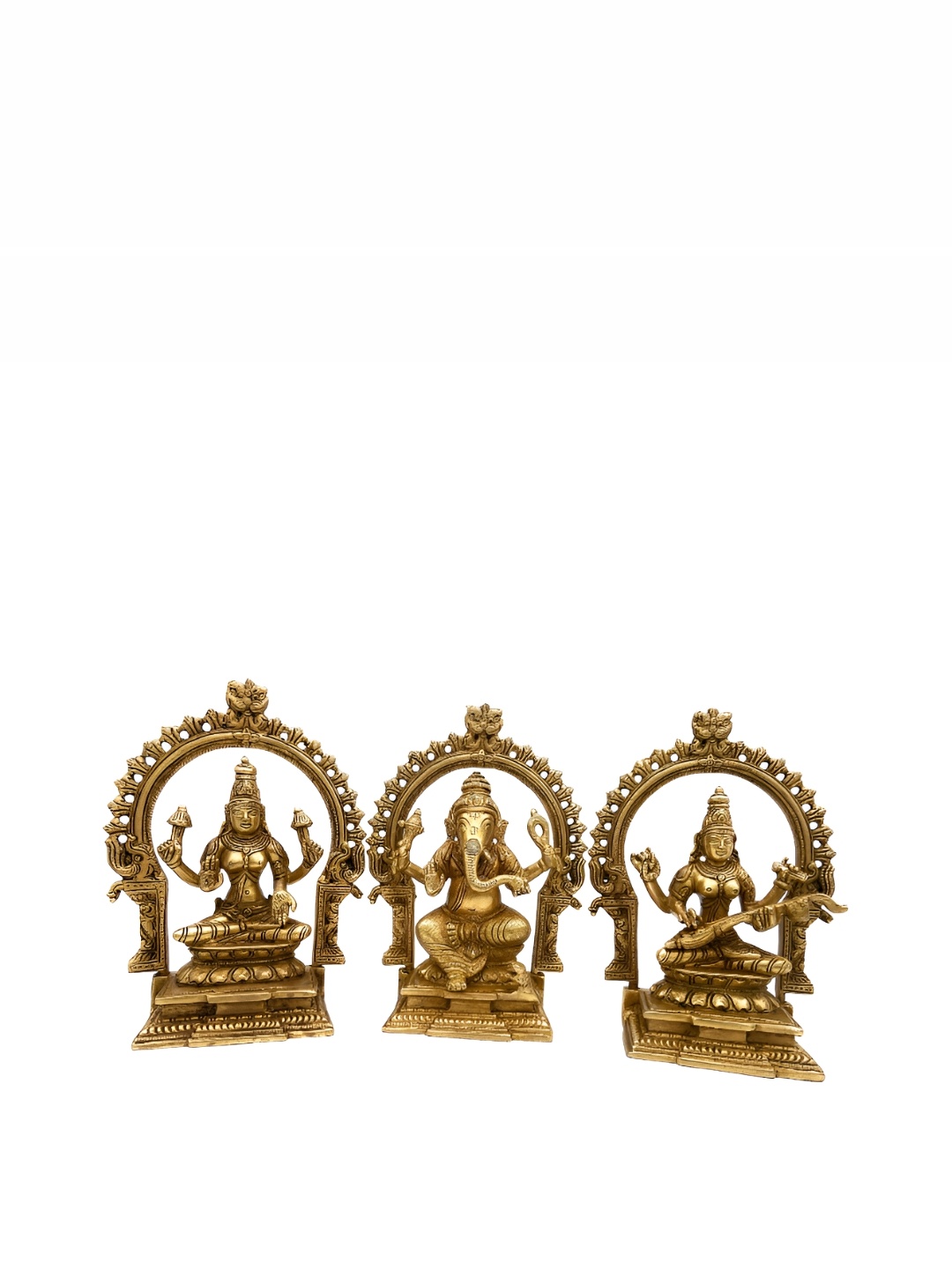 

Bhunes Gold-Toned Goddess Lakshmi Lord Ganesha & Goddess Saraswathi Idol Brass Showpiece