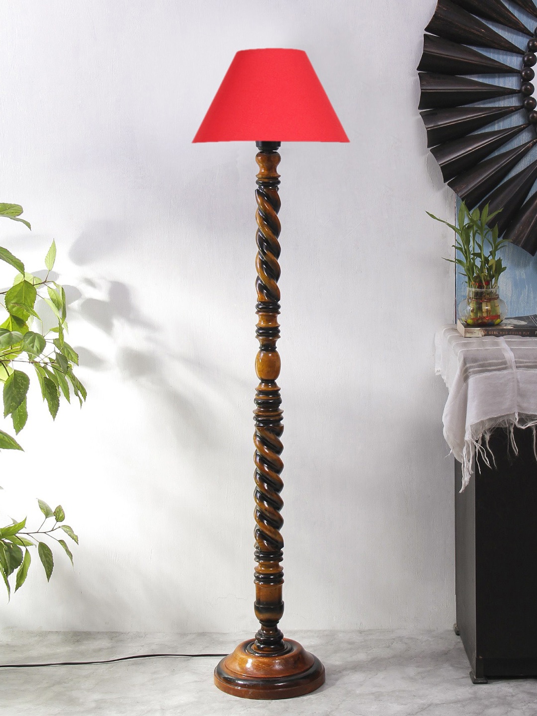 

Devansh Red & Brown Closed Snake Wooden Conical Floor Lamp With Cotton Shade