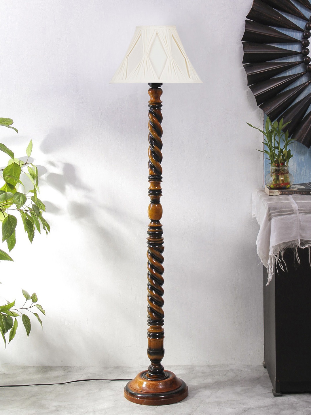 

Devansh White & Brown Curtain Pleated Shade Closed Snake Wooden Floor Lamp