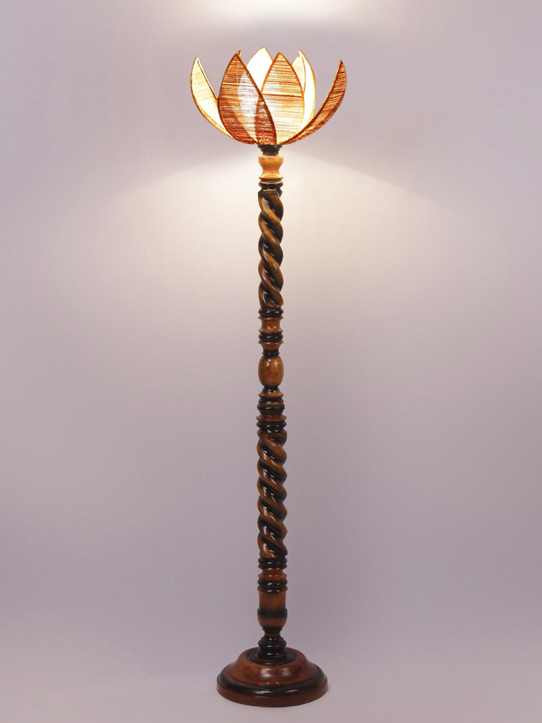 

Devansh Beige & Brown Closed Snake Wooden Lotus Floor Lamp With Bamboo Shade