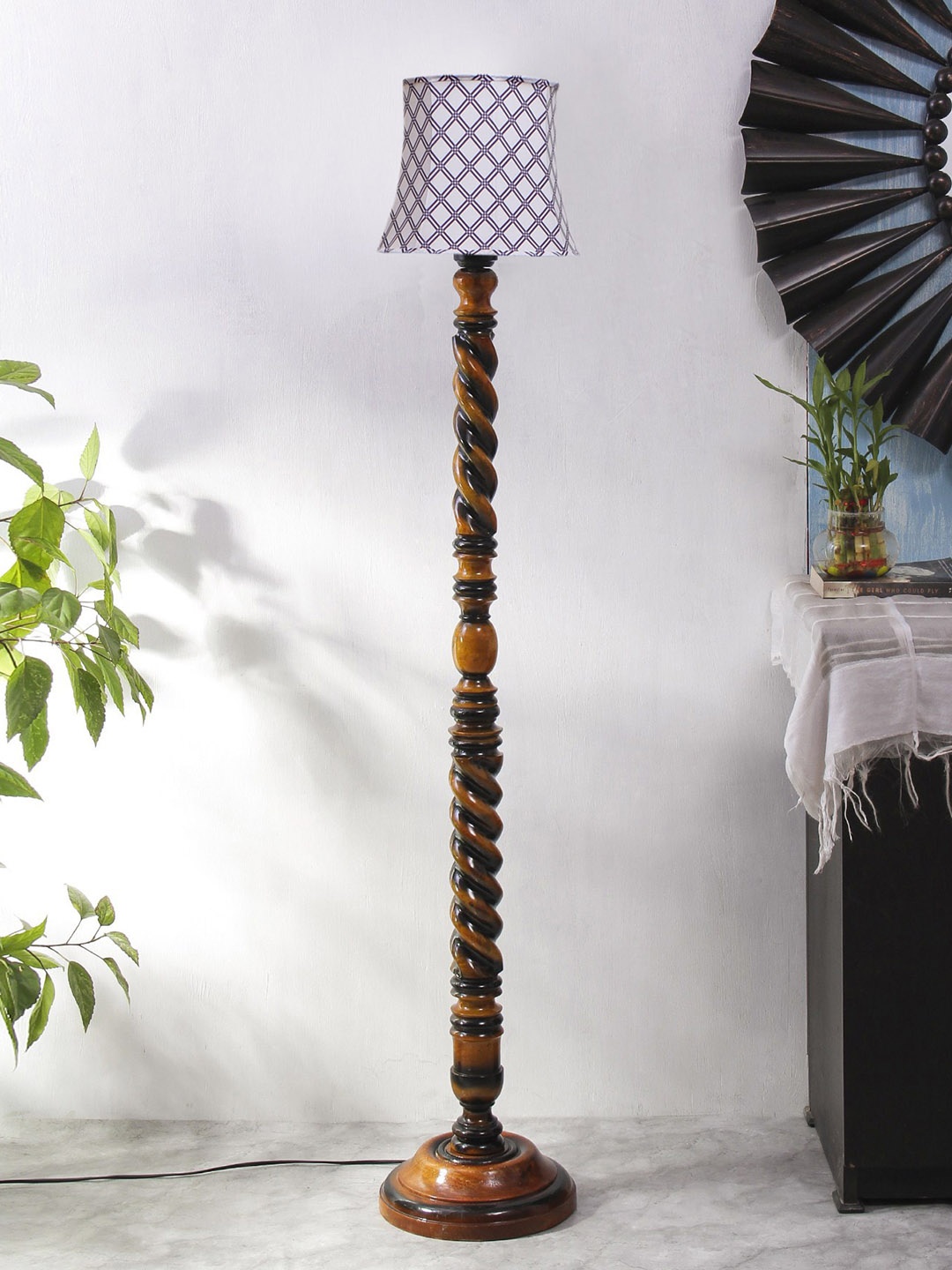 

Devansh Brown & White Closed Snake Wooden Floor Lamp with Printed Cotton Shade