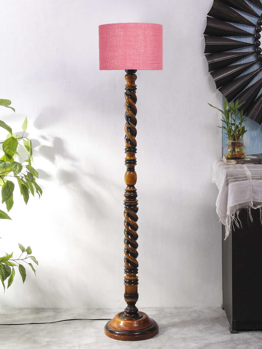 

Devansh Pink & Brown Closed Snake Wooden Floor Lamp with Jute Shade