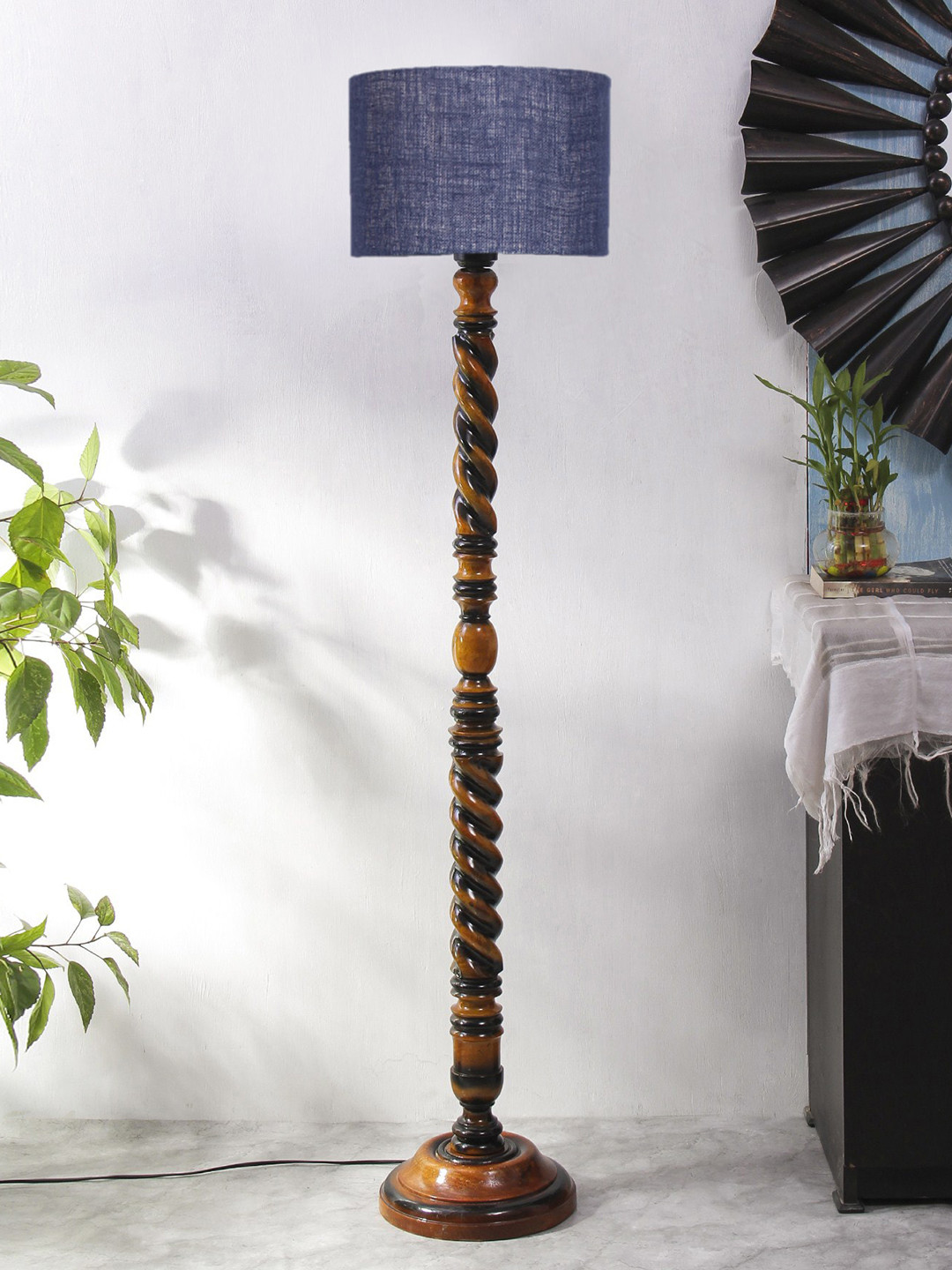 

Devansh Blue & Brown Closed Snake Wooden Floor Lamp With Jute Shade