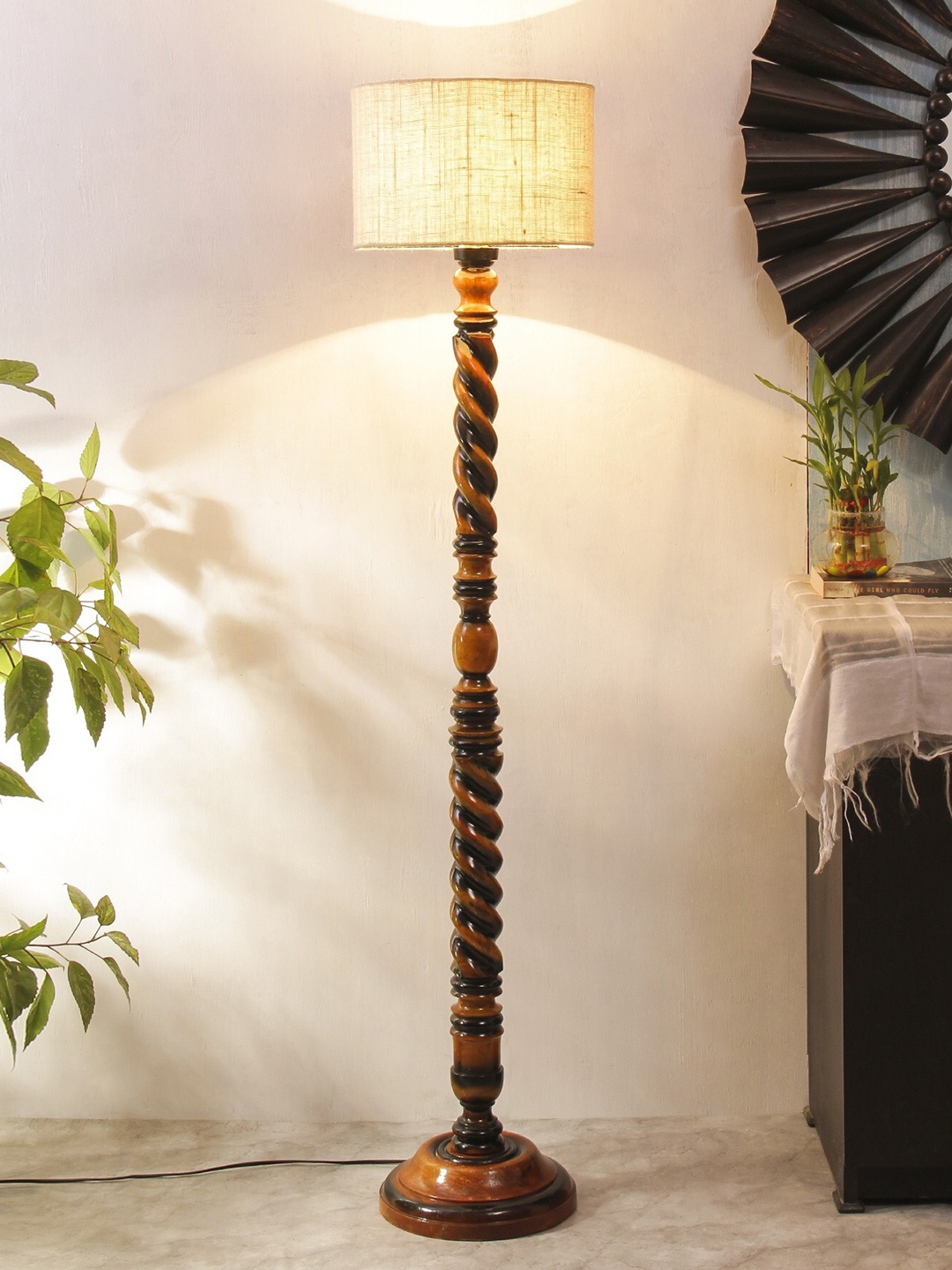 

Devansh White & Brown Closed Snake Wooden Drum Shaped Floor Lamp With Jute Shade