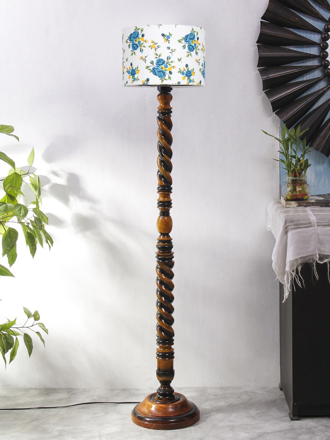 

Devansh Brown & White Printed Cotton Drum Closed Snake Wooden Floor Lamp