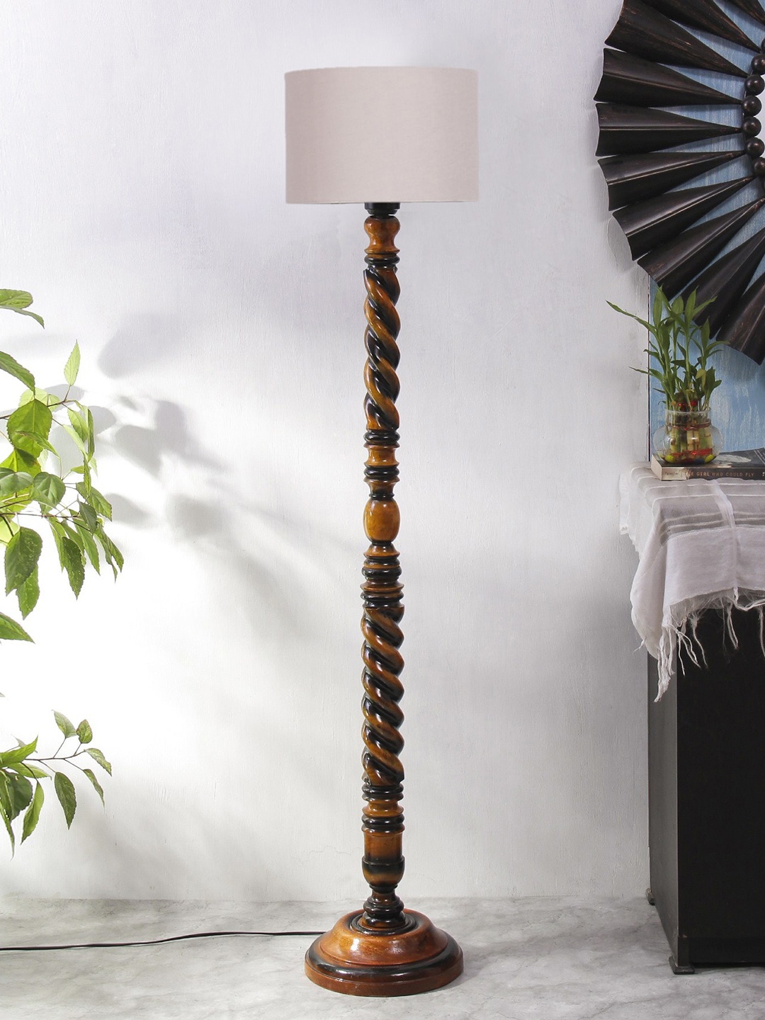 

Devansh Grey & Brown Closed Snake Cotton Drum Wooden Floor Lamps With Cotton Shade