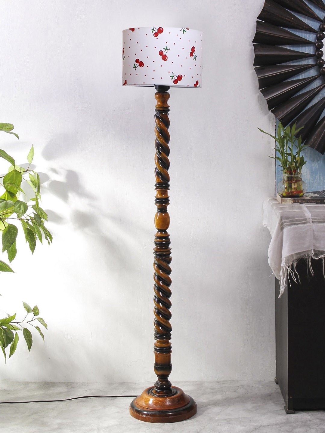 

Devansh White & Brown Closed Snake Wooden Floor Lamp with Printed Cotton Shade