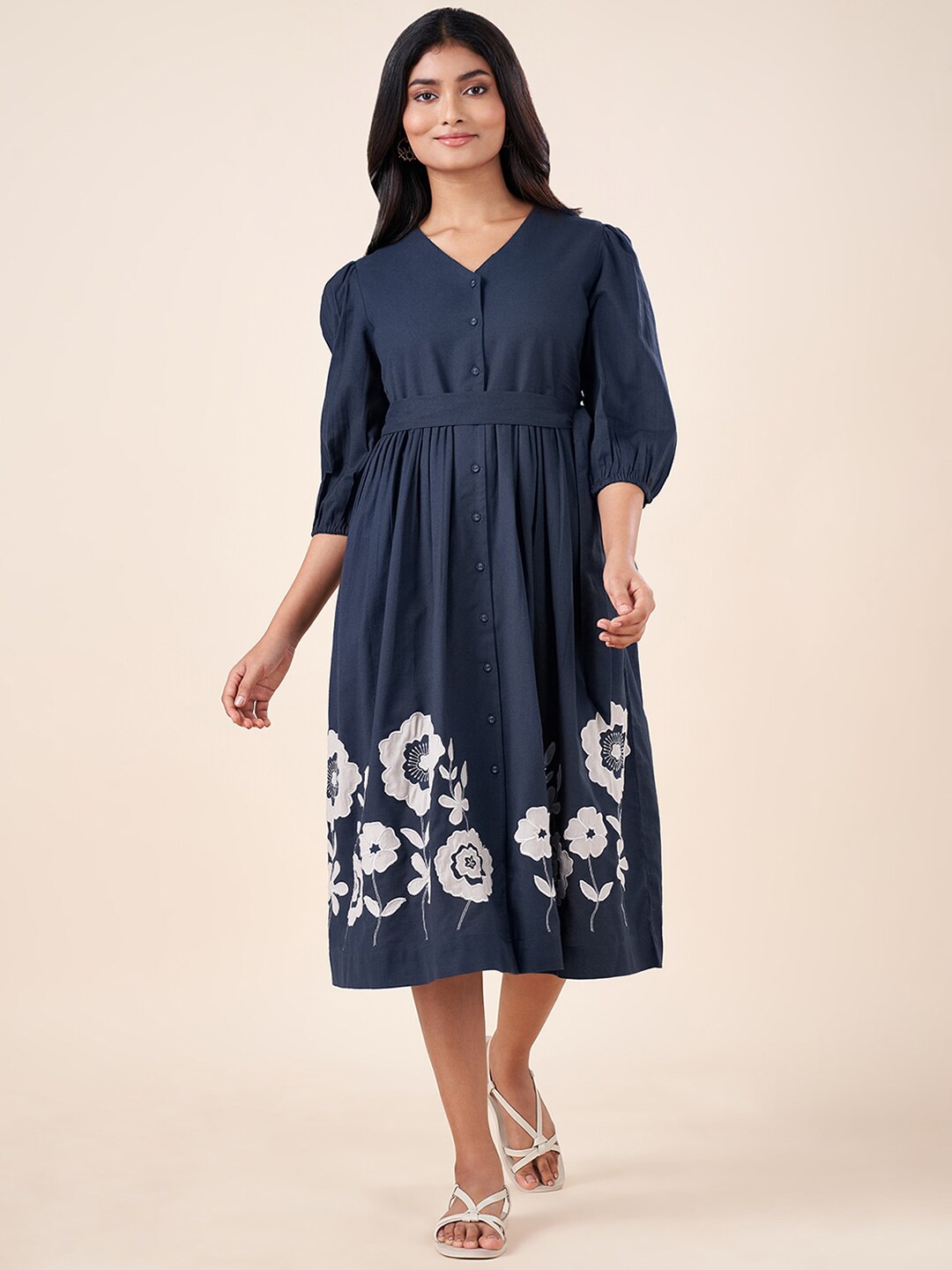 

AKKRITI BY PANTALOONS Floral Embroidered Puff Sleeve Belted Cotton Fit & Flare Midi Dress, Blue