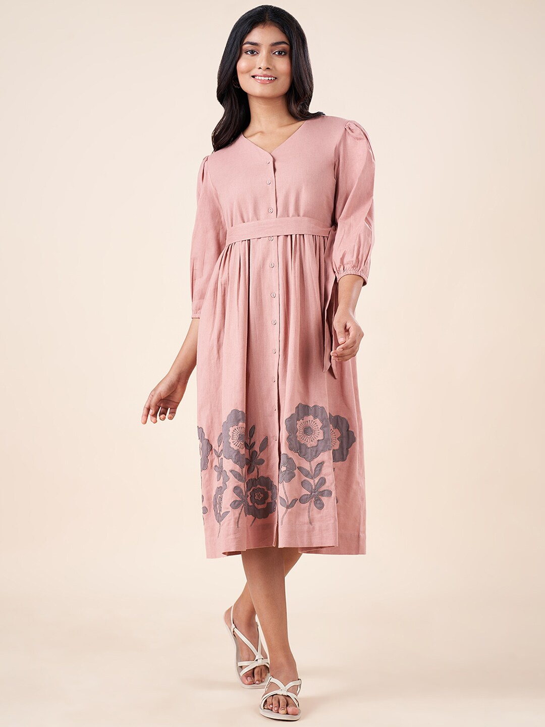 

AKKRITI BY PANTALOONS Floral Embroidered Puff Sleeve Belted Cotton Fit & Flare Midi Dress, Pink