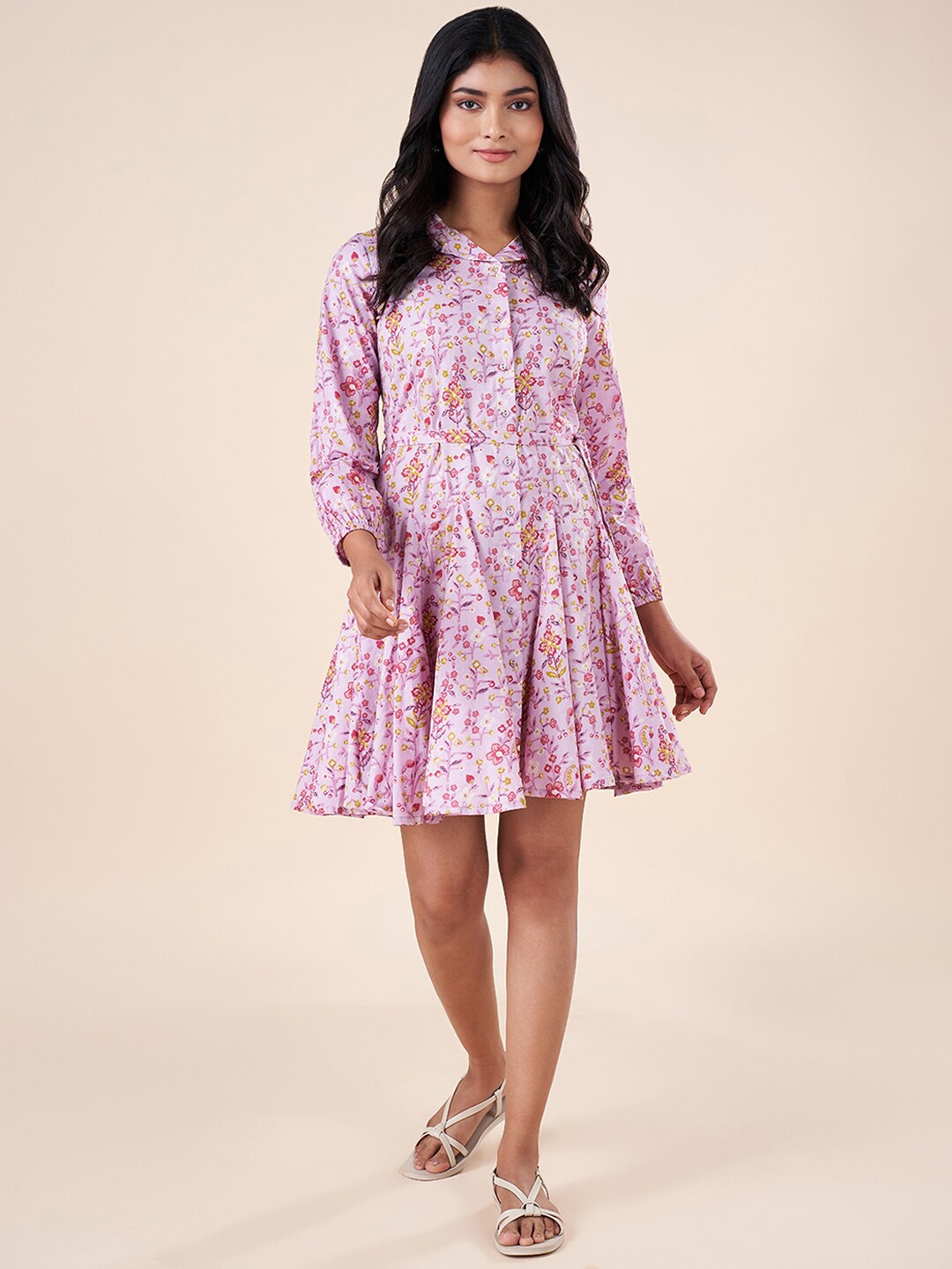 

AKKRITI BY PANTALOONS Floral Printed Shirt Collar Belted Cotton Fit & Flare Dress, Lavender