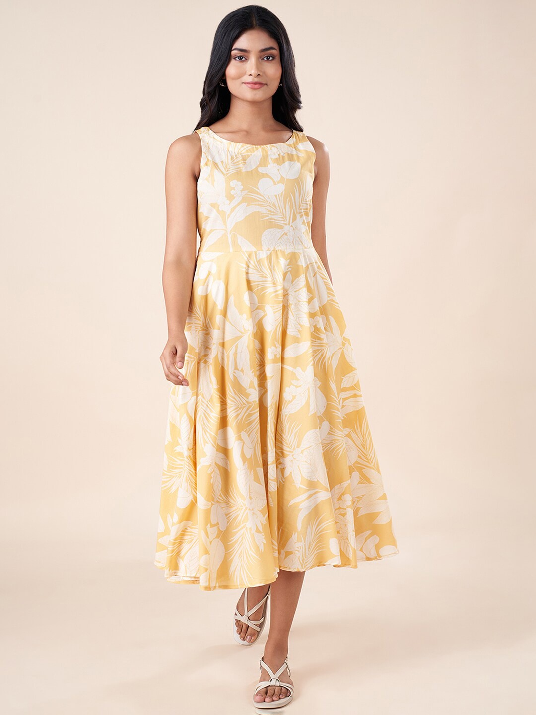 

AKKRITI BY PANTALOONS Floral Printed Sleeveless Gathered Cotton Fit & Flare Midi Dress, Yellow