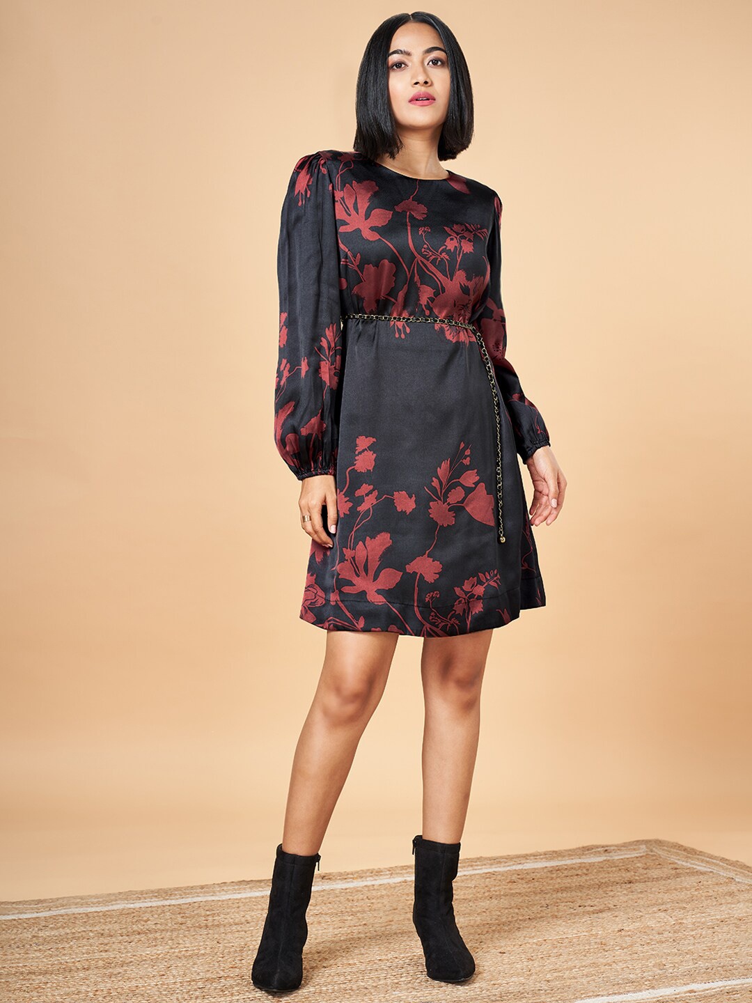 

Marigold Lane Floral Printed Silk Dress, Black
