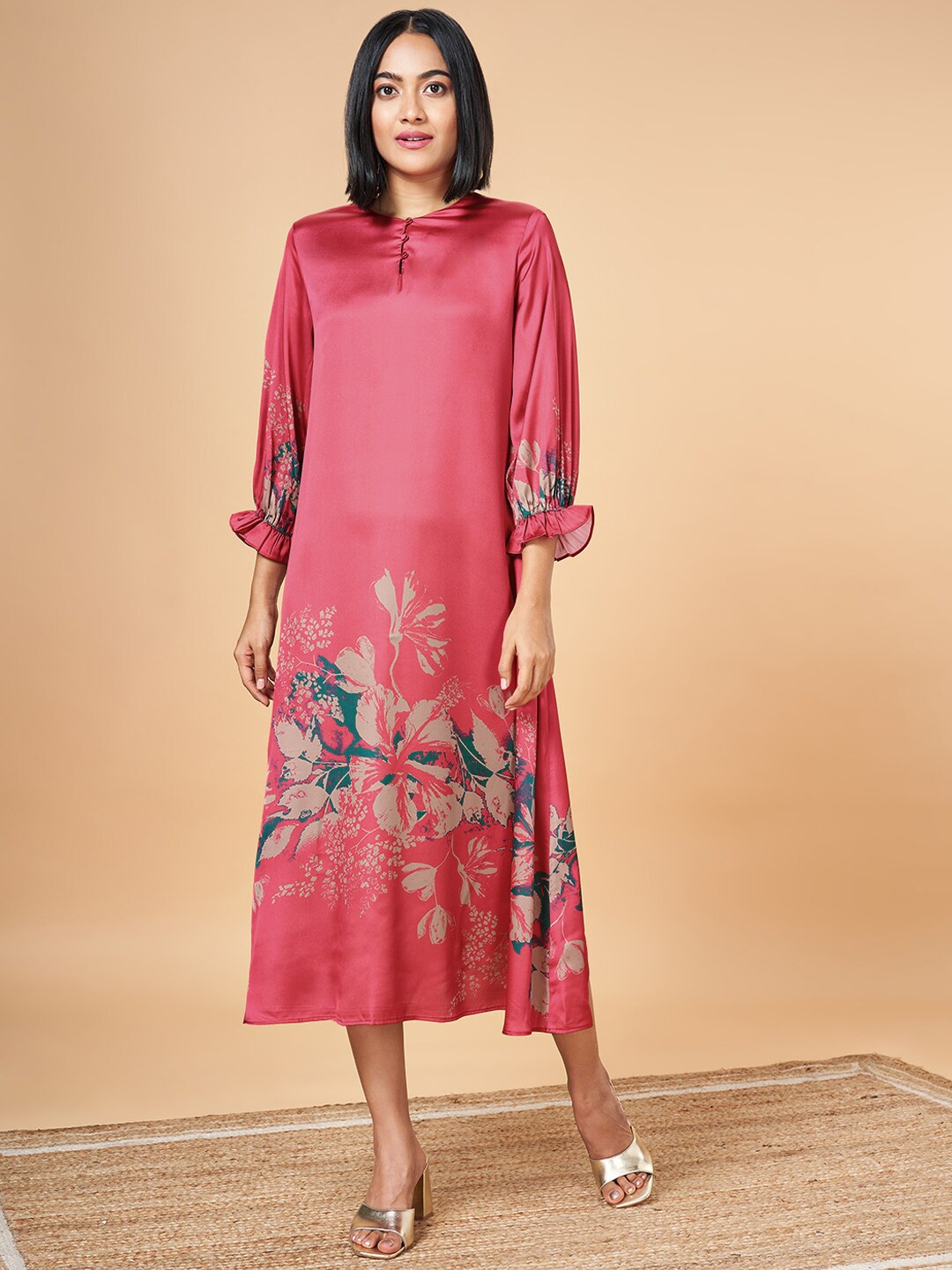 

Marigold Lane Floral Printed Silk A-Line Dress, Pink