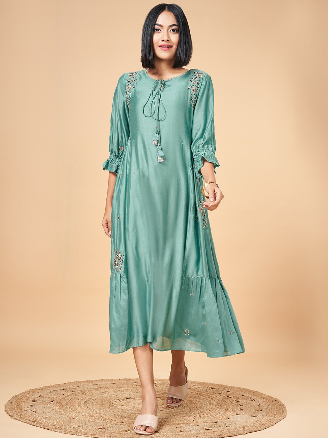 

Marigold Lane Floral Embroidered Silk A-Line Dress, Sea green