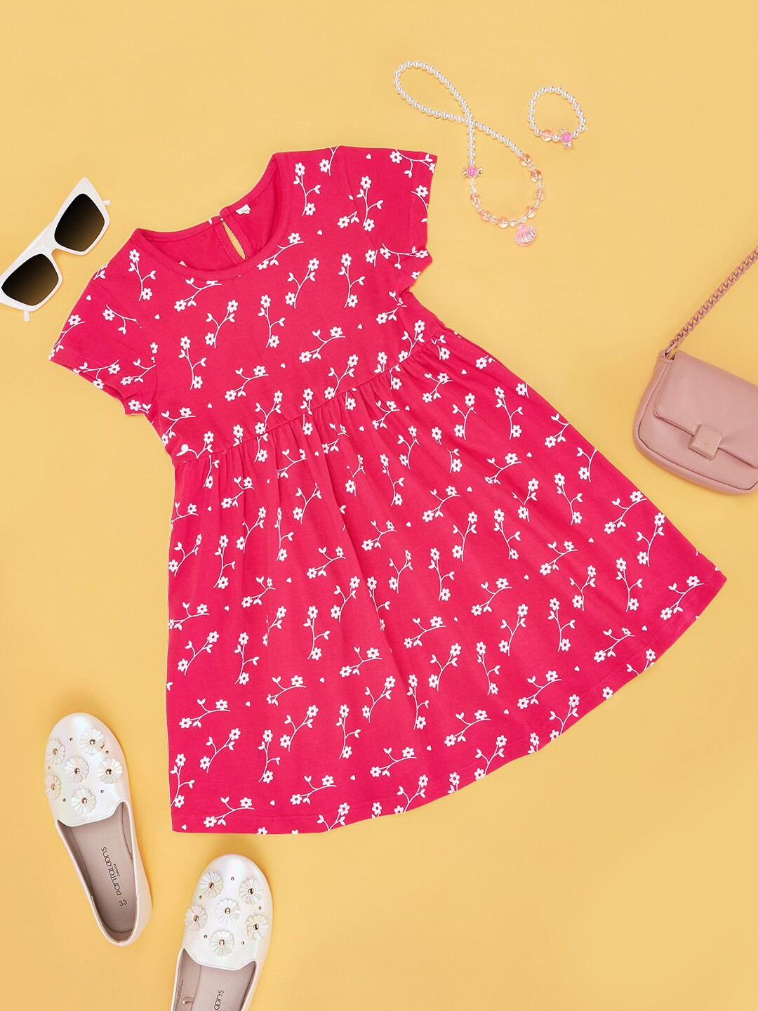 

YU by Pantaloons Girls Floral Printed Cap Sleeves Pure Cotton Fit and Flare Dress, Pink