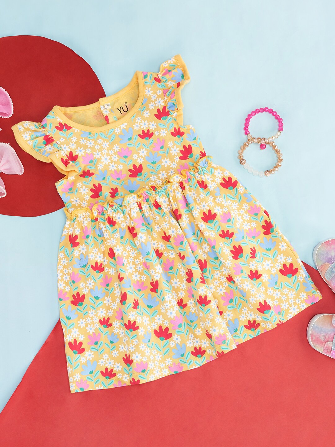 

YU by Pantaloons Infnats Girls Floral Printed Pure Cotton Fit & Flare Dress, Yellow