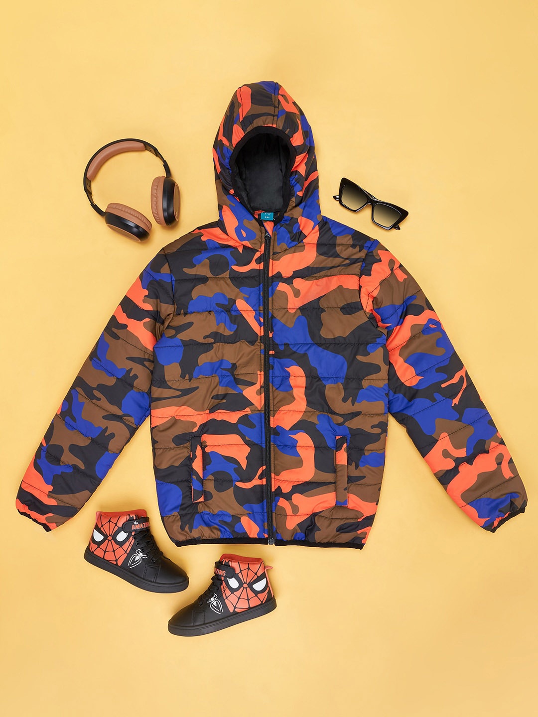 

YU by Pantaloons Boys Abstract Printed Hooded Long Sleeves Padded Jacket, Orange