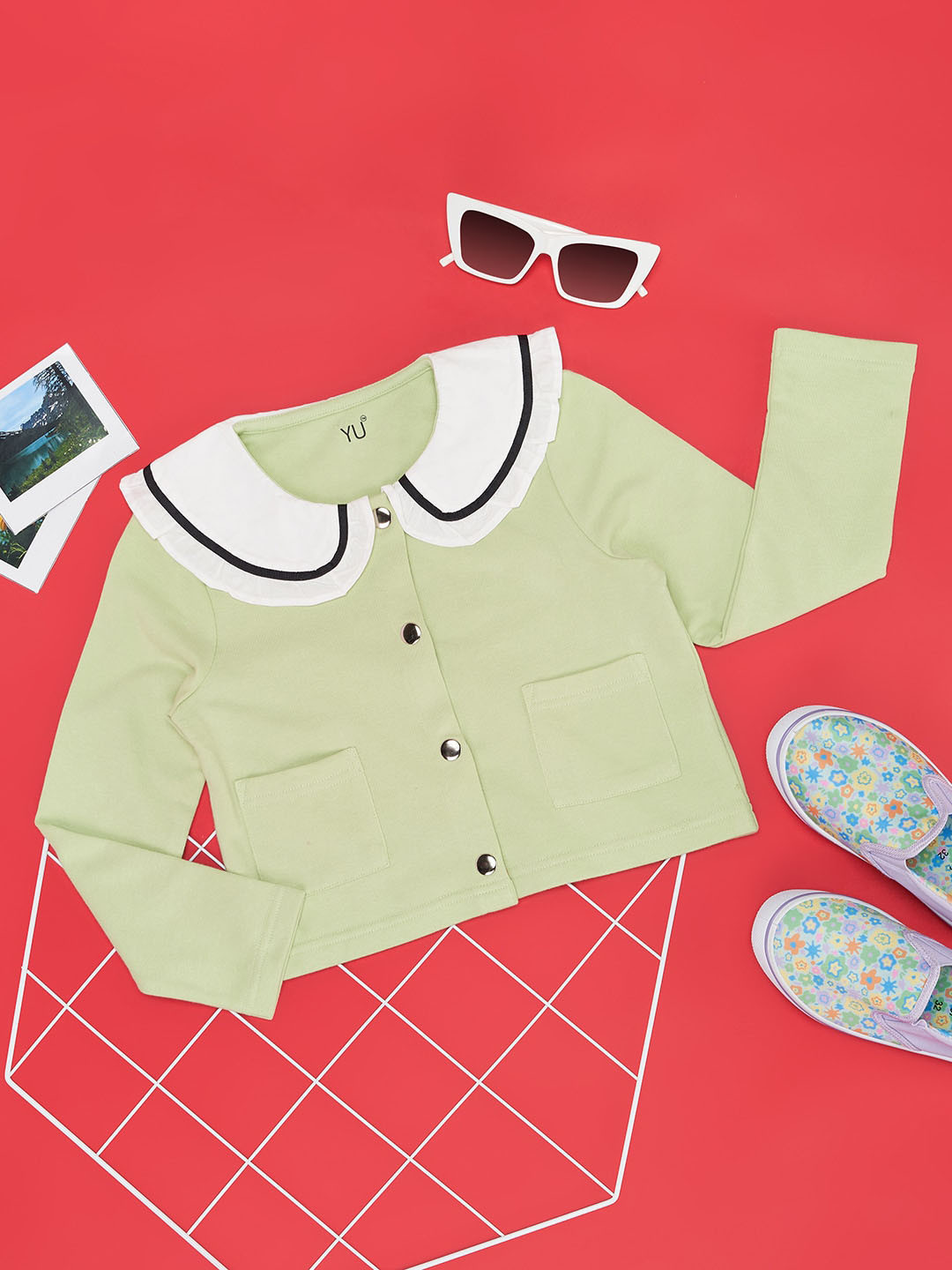 

YU by Pantaloons Girls Colourblocked Peter Pan Collar Long Sleeves Tailored Jacket, Green