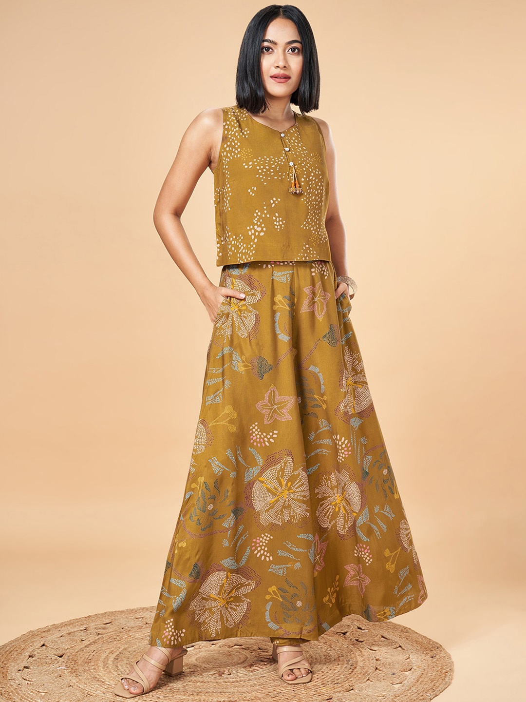 

Marigold Lane Floral Printed Top With Flared Palazzos, Mustard
