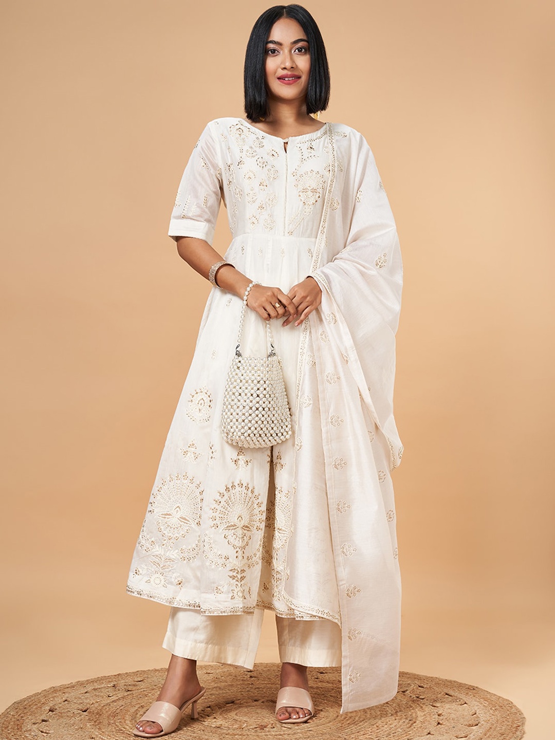 

Marigold Lane Ethnic Motifs Embroidered Thread Work Anarkali Kurta & Palazzos With Dupatta, Off white