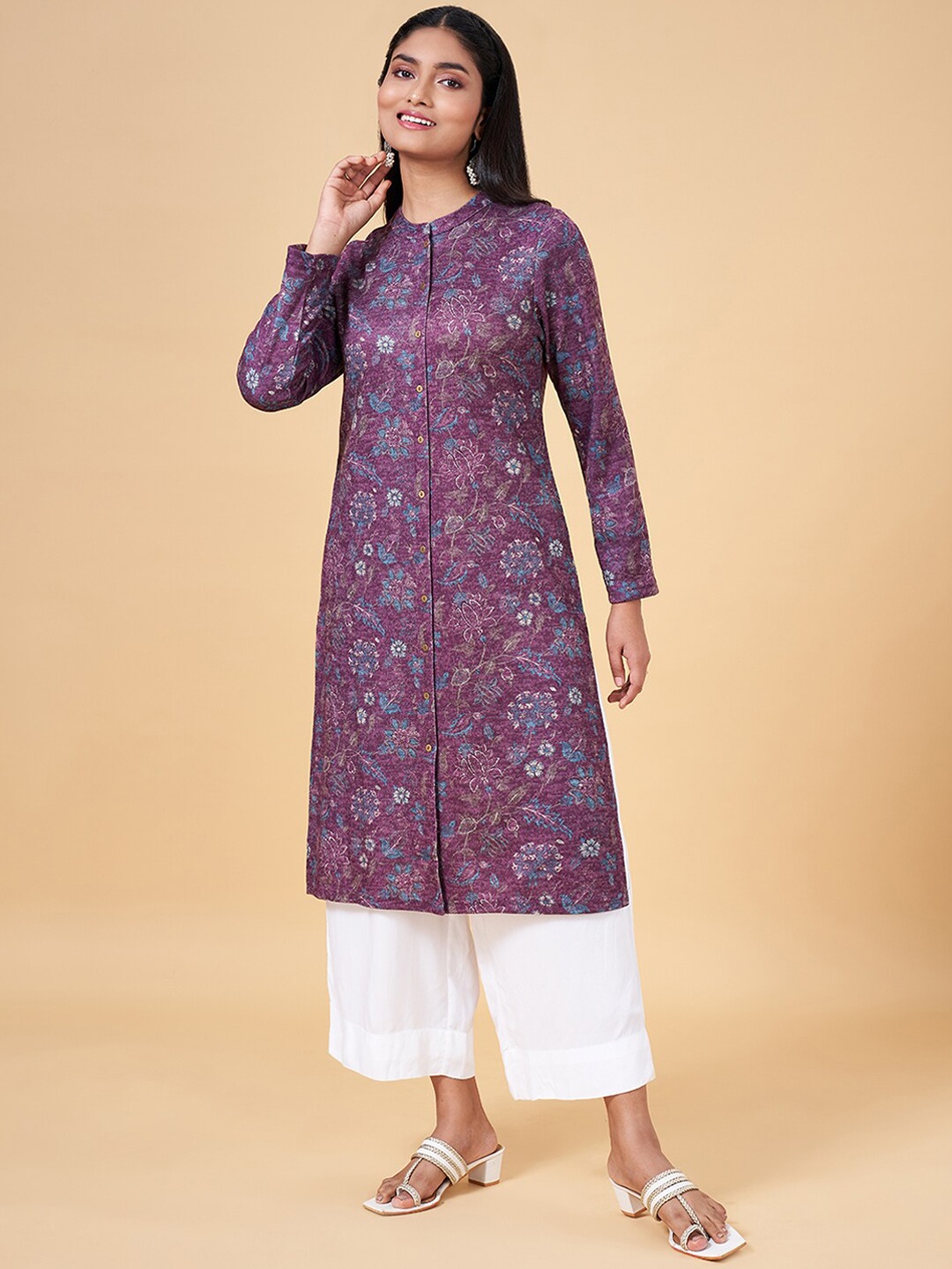 

RANGMANCH BY PANTALOONS Floral Printed Mandarin Collar Acrylic Straight Kurta, Purple