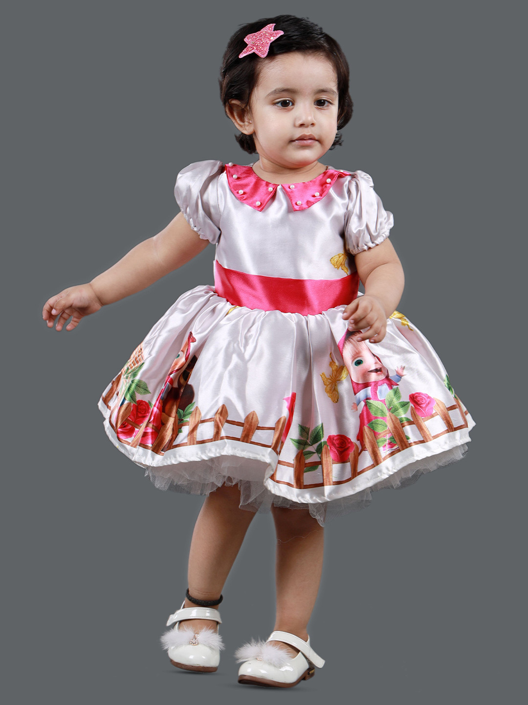 

BAESD Girls Floral Printed Gathered Detailed Satin Fit & Flare Dress, Cream