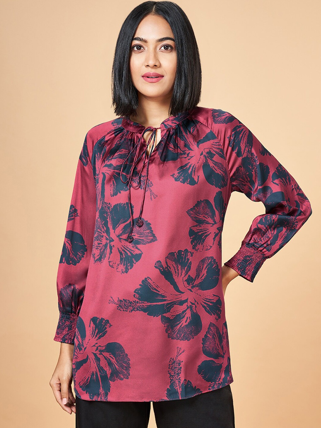 

Marigold Lane Floral Print Tie-Up Neck Cuffed Sleeves Satin Top, Pink