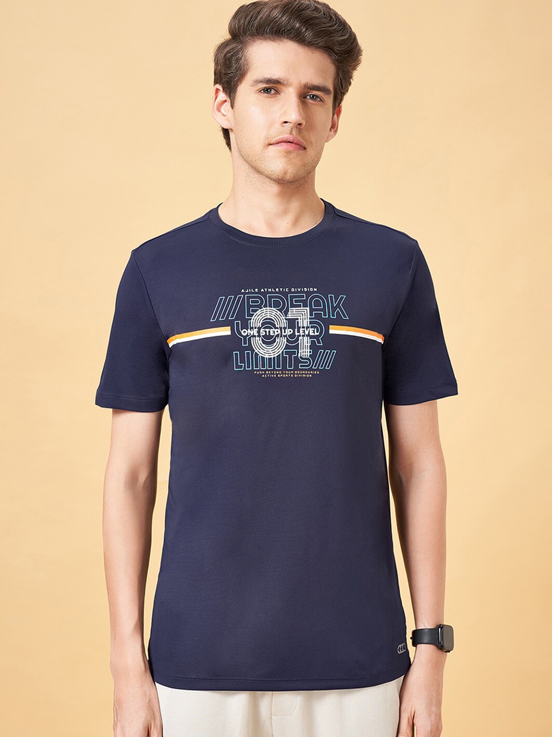 

Ajile by Pantaloons Typography Printed Slim Fit Sports T-shirt, Navy blue